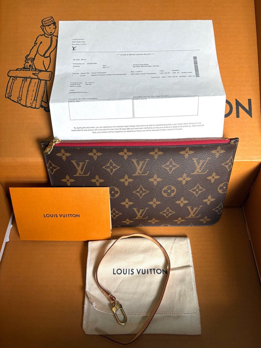 Louis Vuitton Neverfull Monogram Zip Pouch with Red Trim
